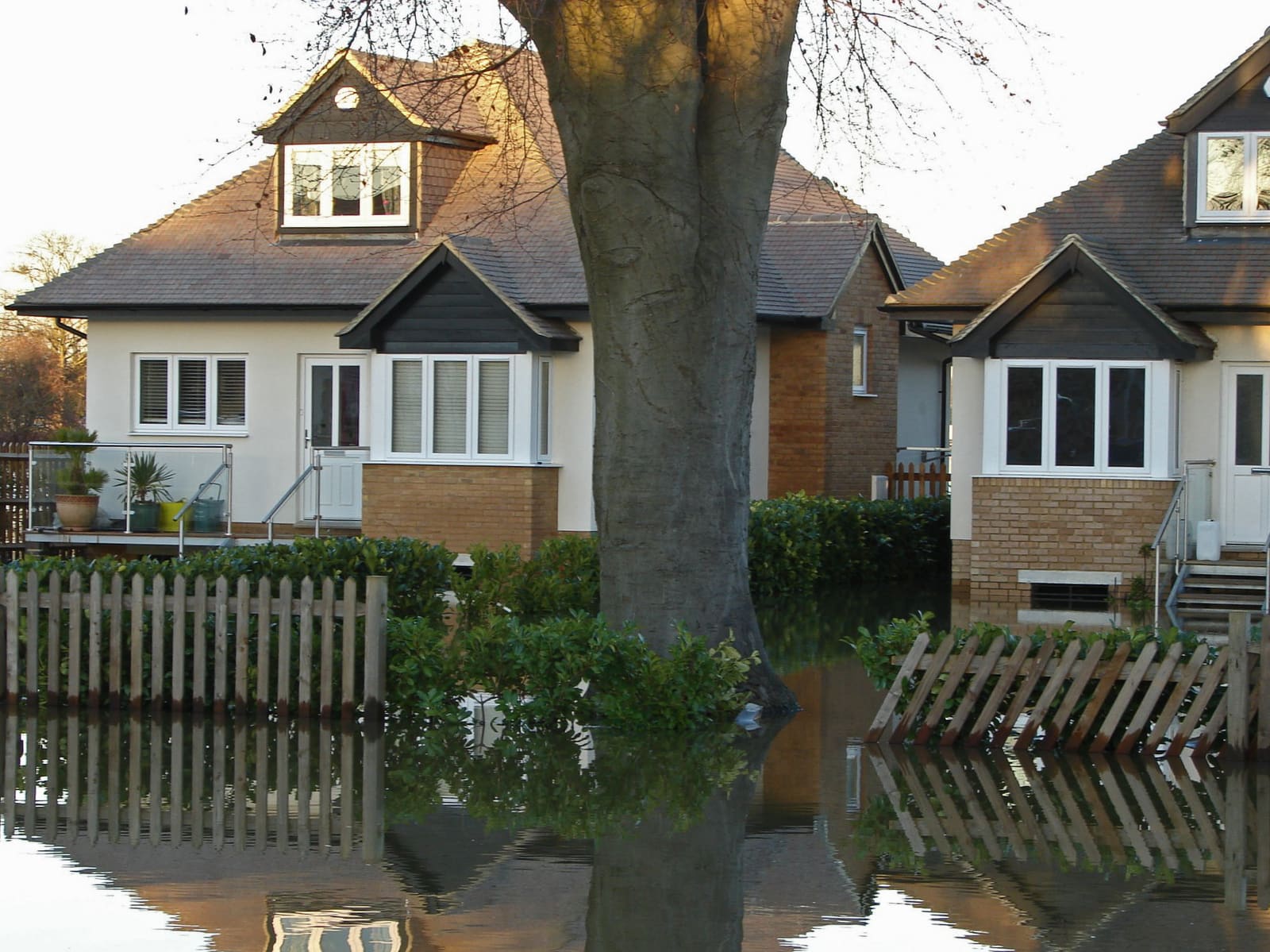 Flood water surrounding modern houses at Chertsey, Surrey